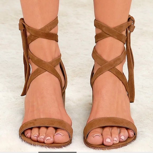 Steve Madden Rizzaa Cognac Suede Leather Heeled Sandals ankle straps Sz 6.5 - Picture 3 of 13